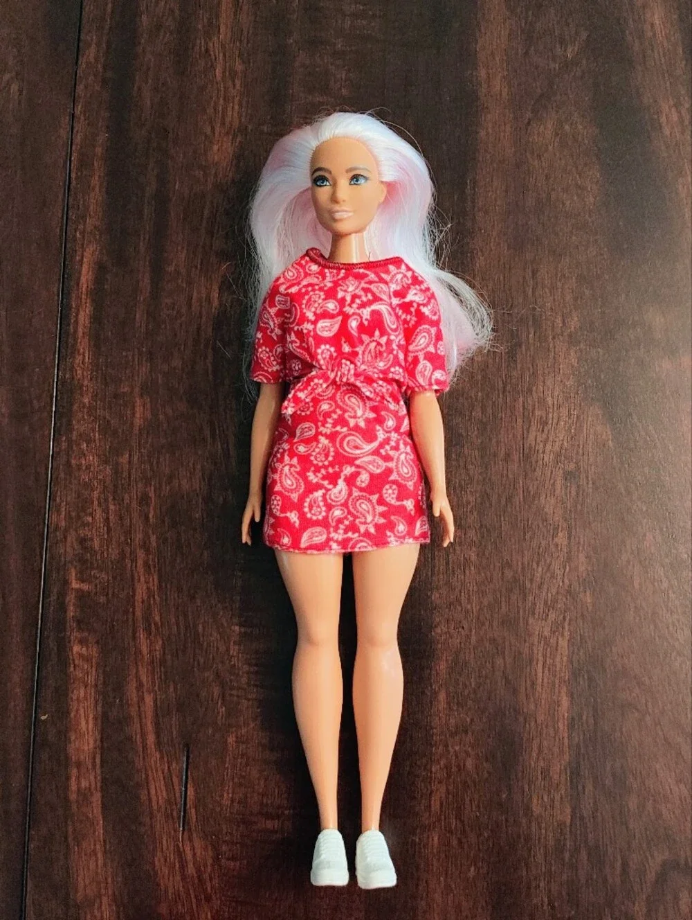 Barbie Doll with Pink-White Hair in Red Paisley Dress